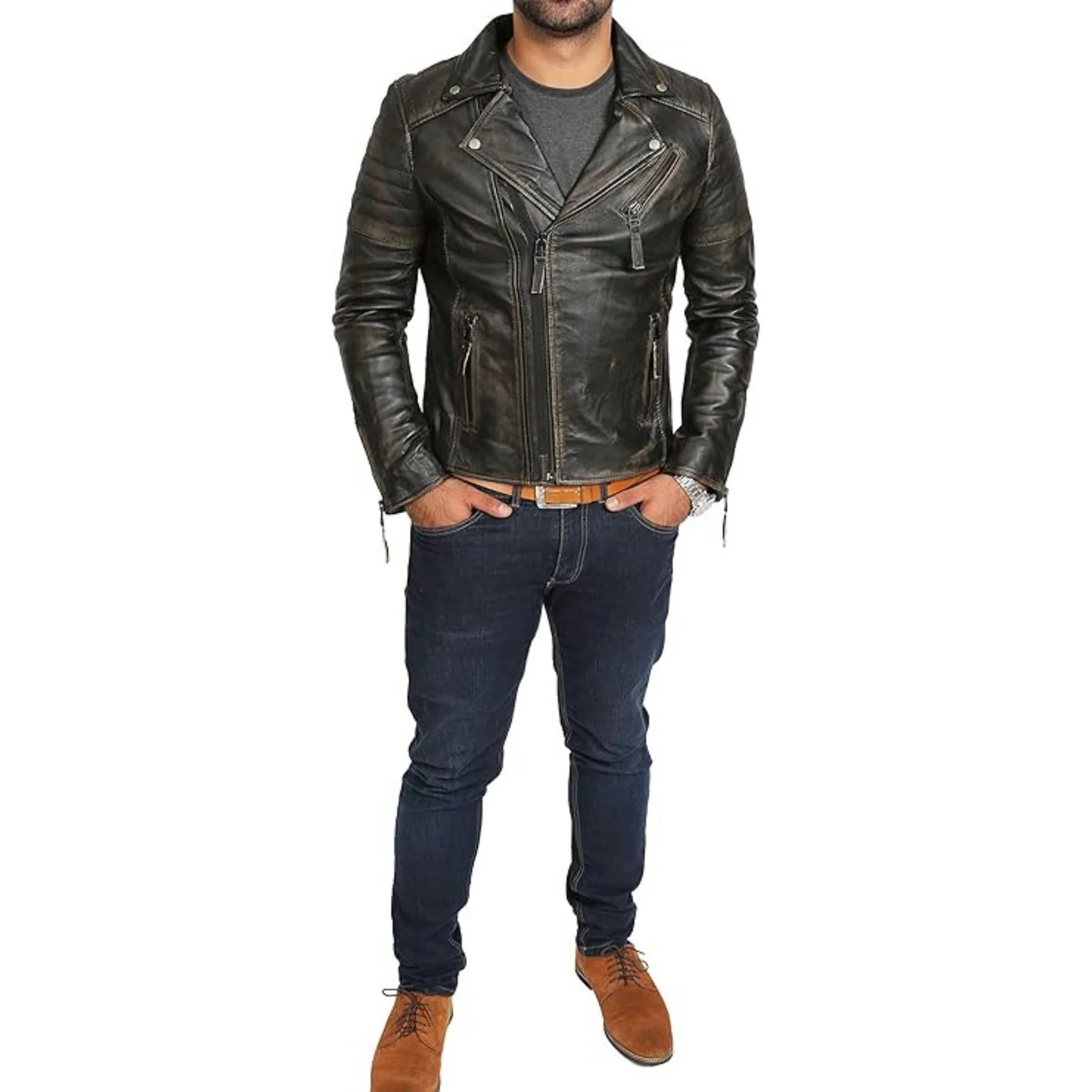 Mens Real Leather Biker Style Jacket