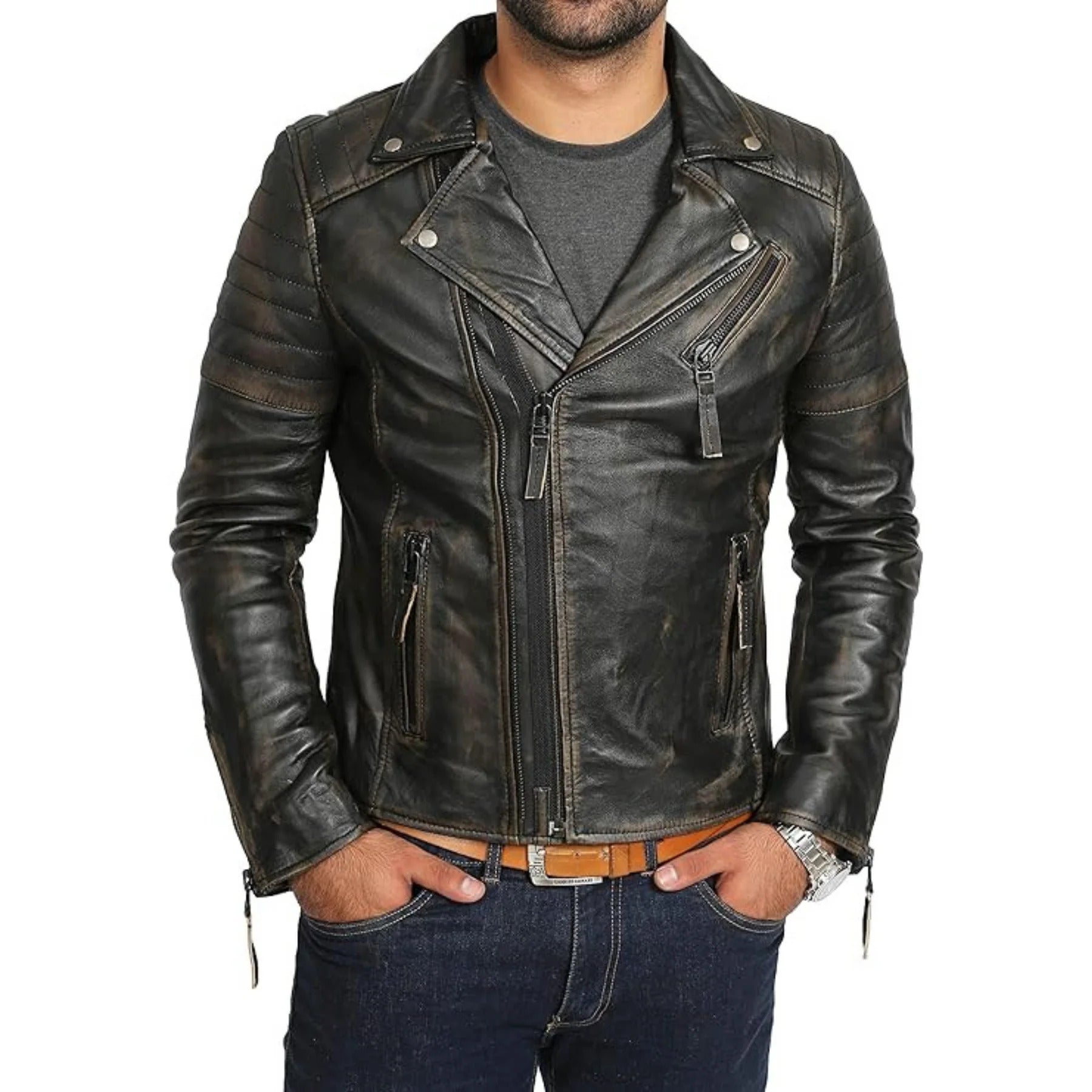 Mens Real Leather Biker Style Jacket