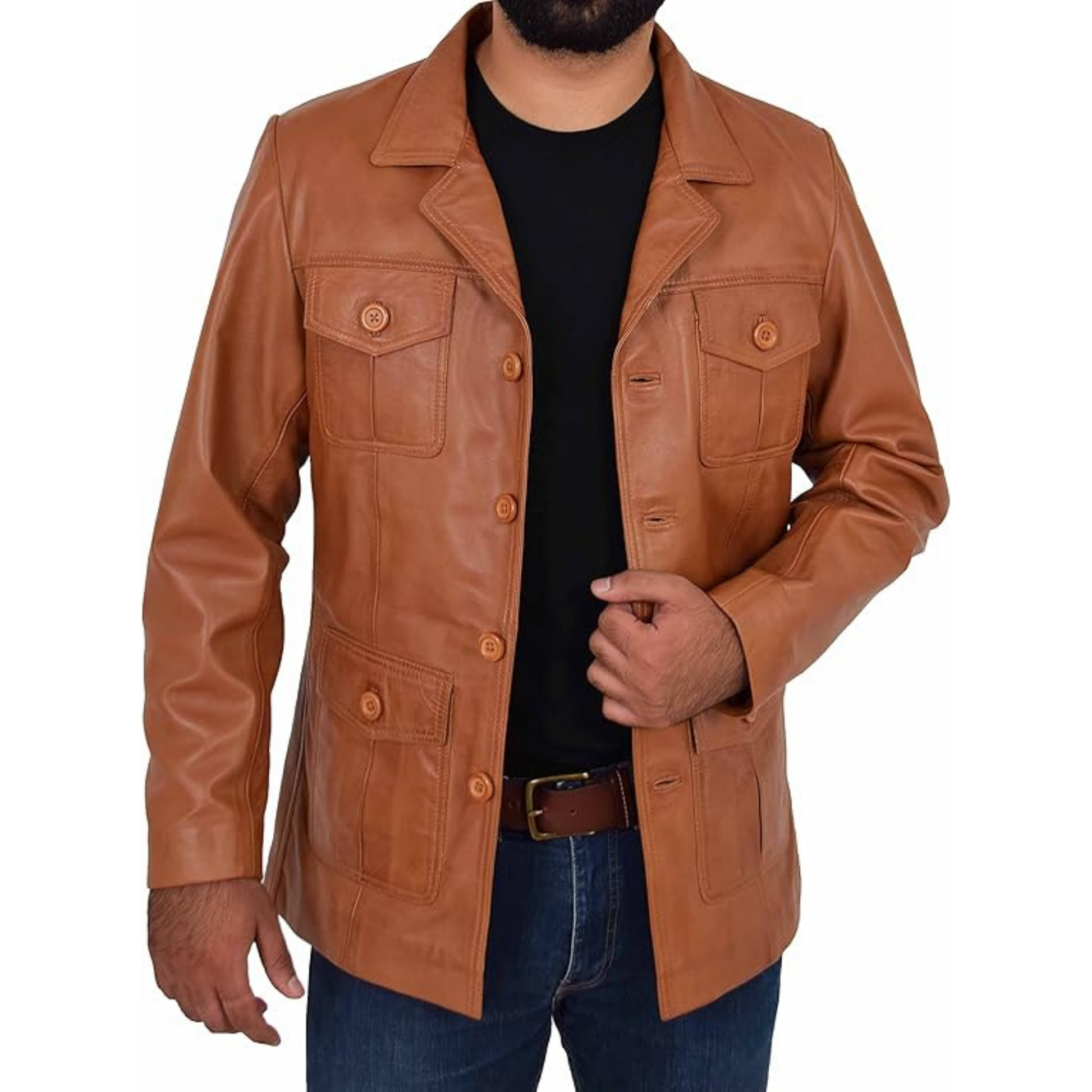 Mens Leather Classic Retro 70's Blazer Hunters Safari Jacket