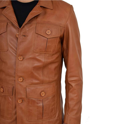 Mens Leather Classic Retro 70's Blazer Hunters Safari Jacket