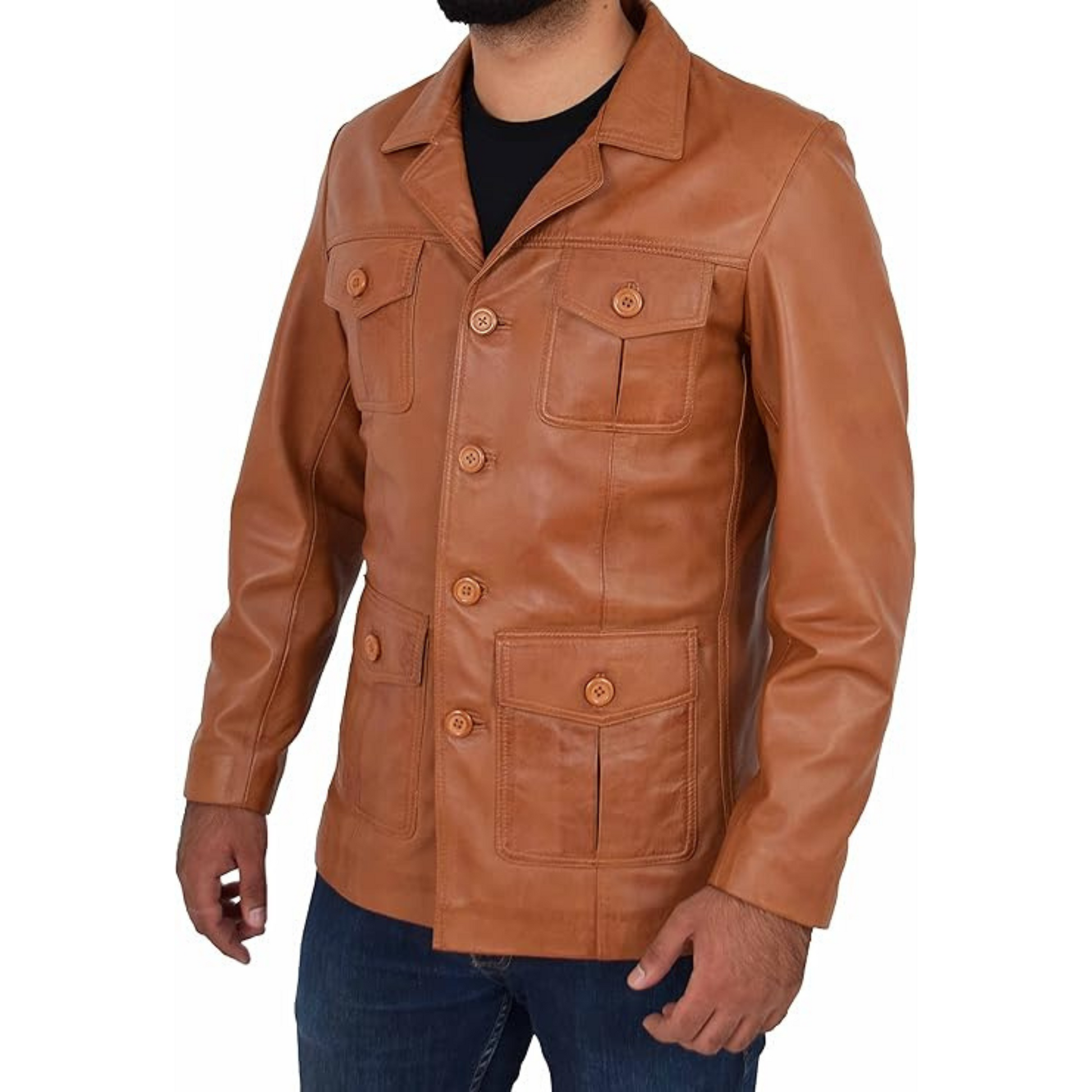Mens Leather Classic Retro 70's Blazer Hunters Safari Jacket