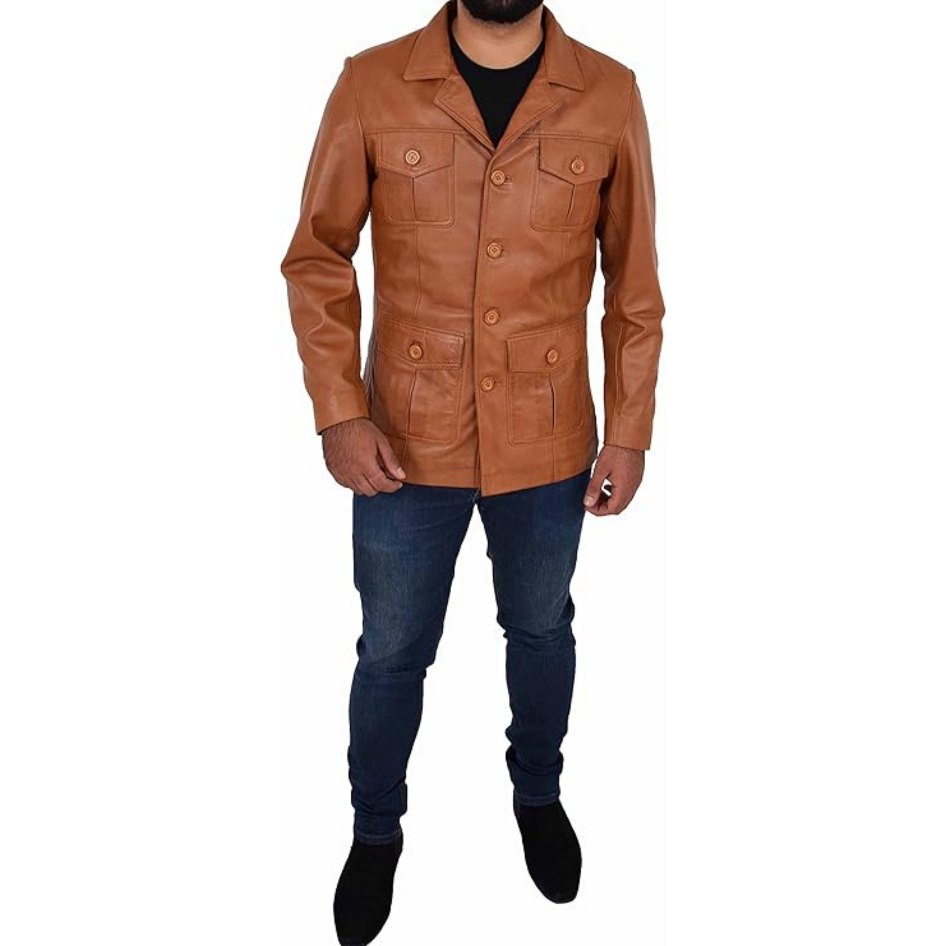 Mens Leather Classic Retro 70's Blazer Hunters Safari Jacket