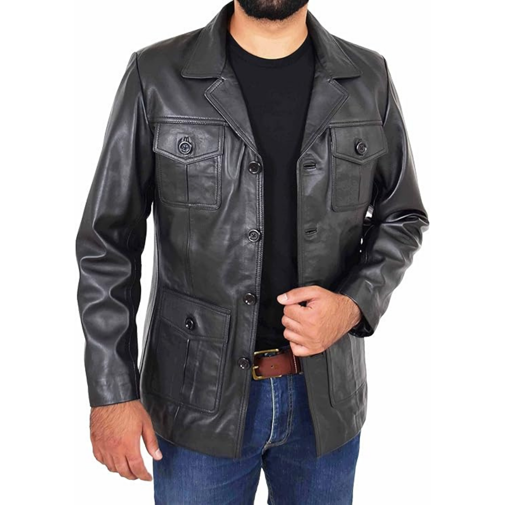 Mens Leather Classic Retro 70's Blazer Hunters Safari Jacket Black