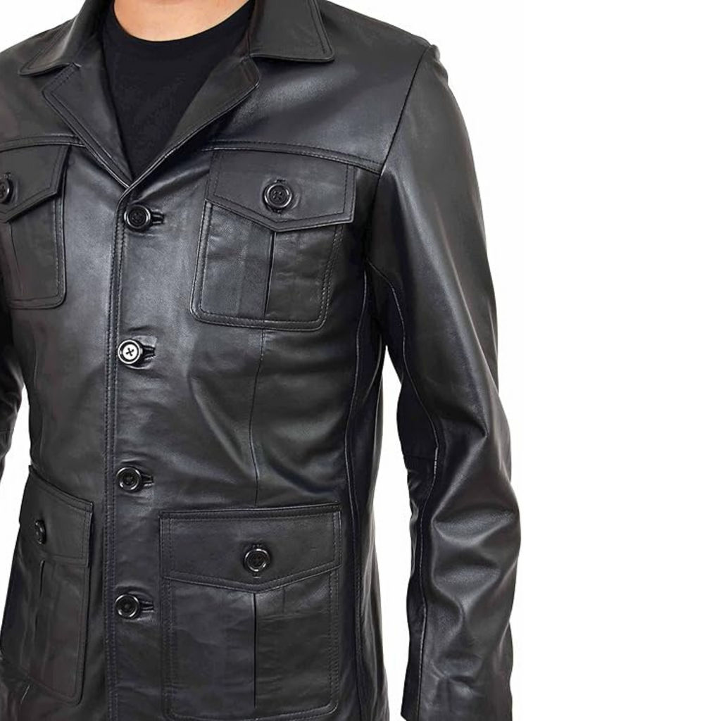 Mens Leather Classic Retro 70's Blazer Hunters Safari Jacket Black