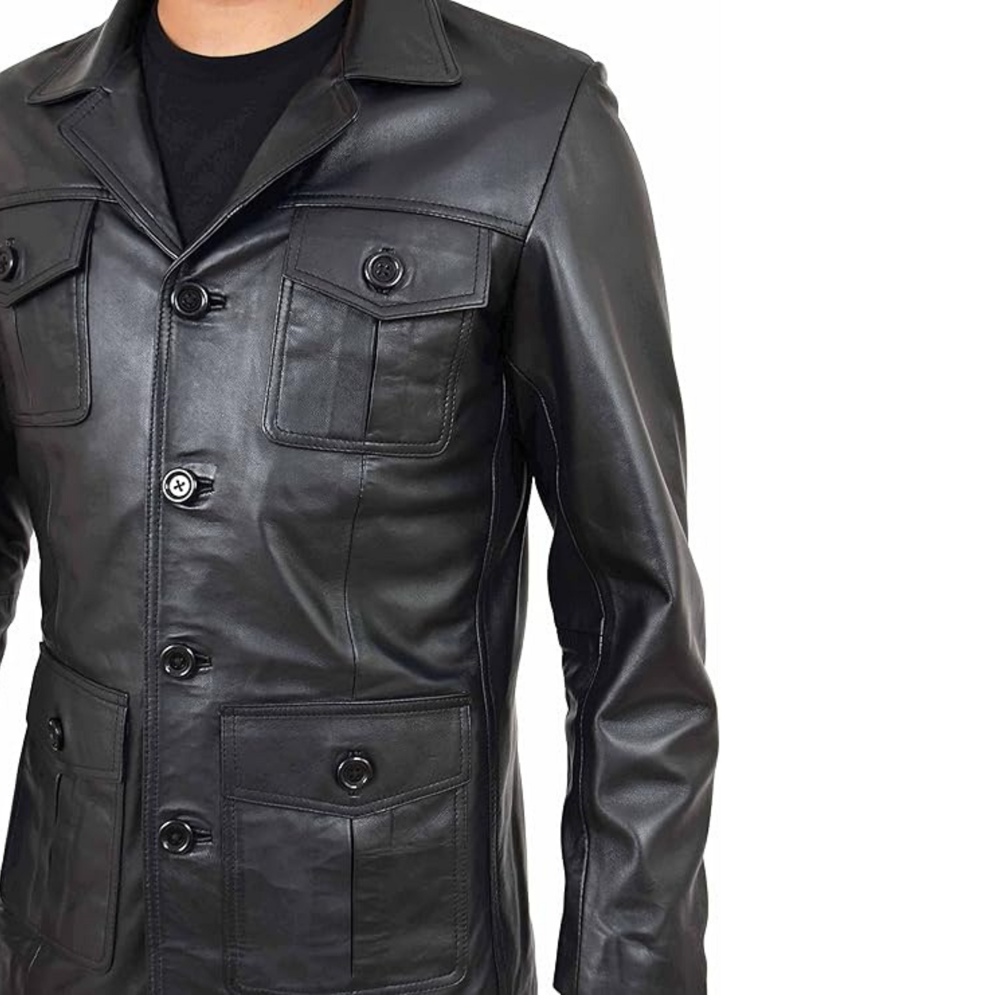 Mens Leather Classic Retro 70's Blazer Hunters Safari Jacket Black