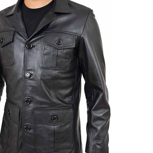 Mens Leather Classic Retro 70's Blazer Hunters Safari Jacket Black
