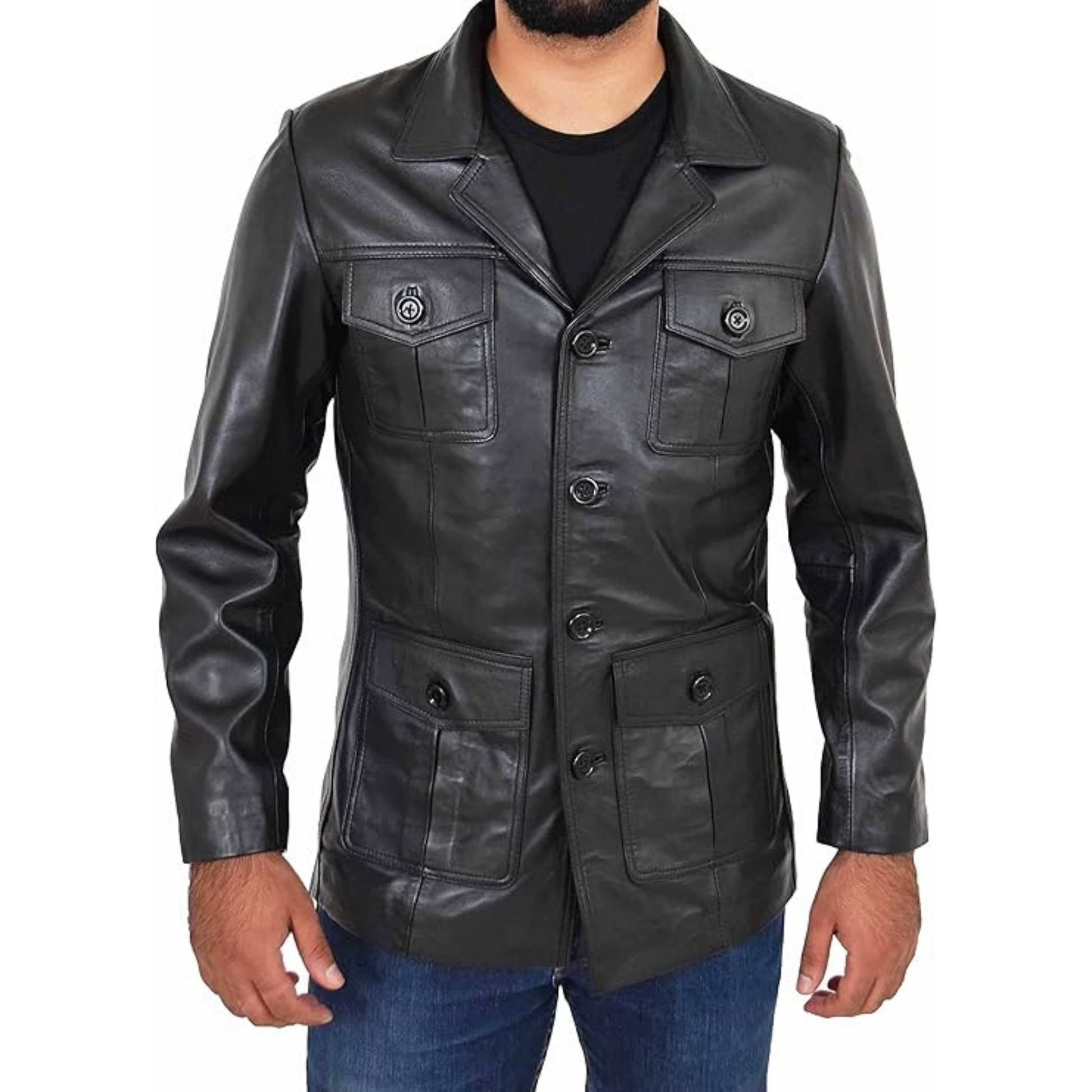 Mens Leather Classic Retro 70's Blazer Hunters Safari Jacket Black