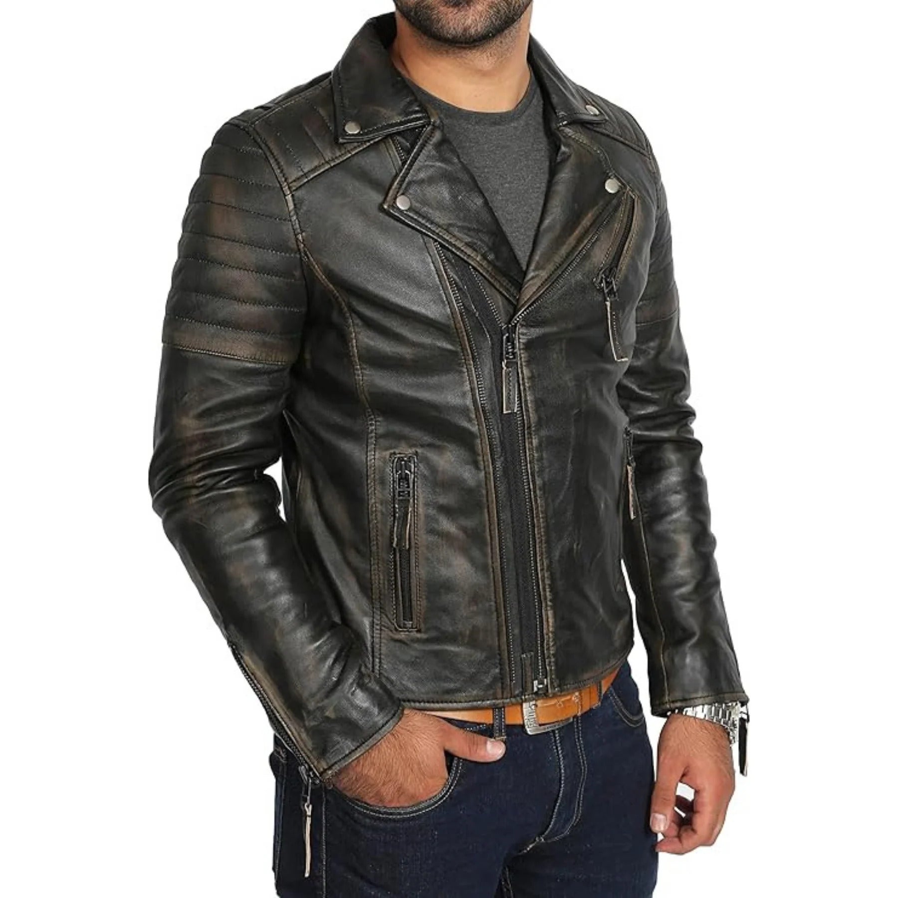 Mens Real Leather Biker Style Jacket