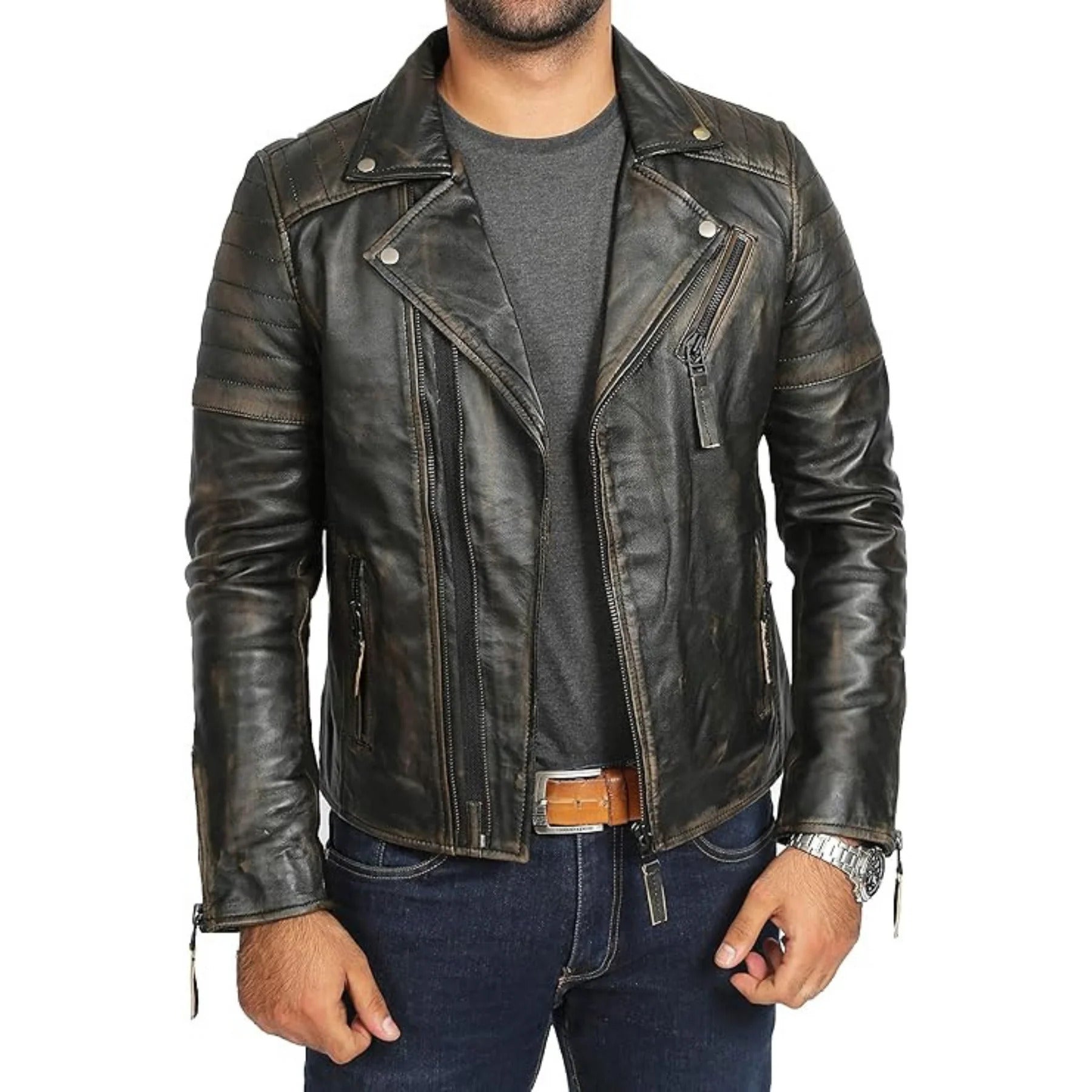 Mens Real Leather Biker Style Jacket