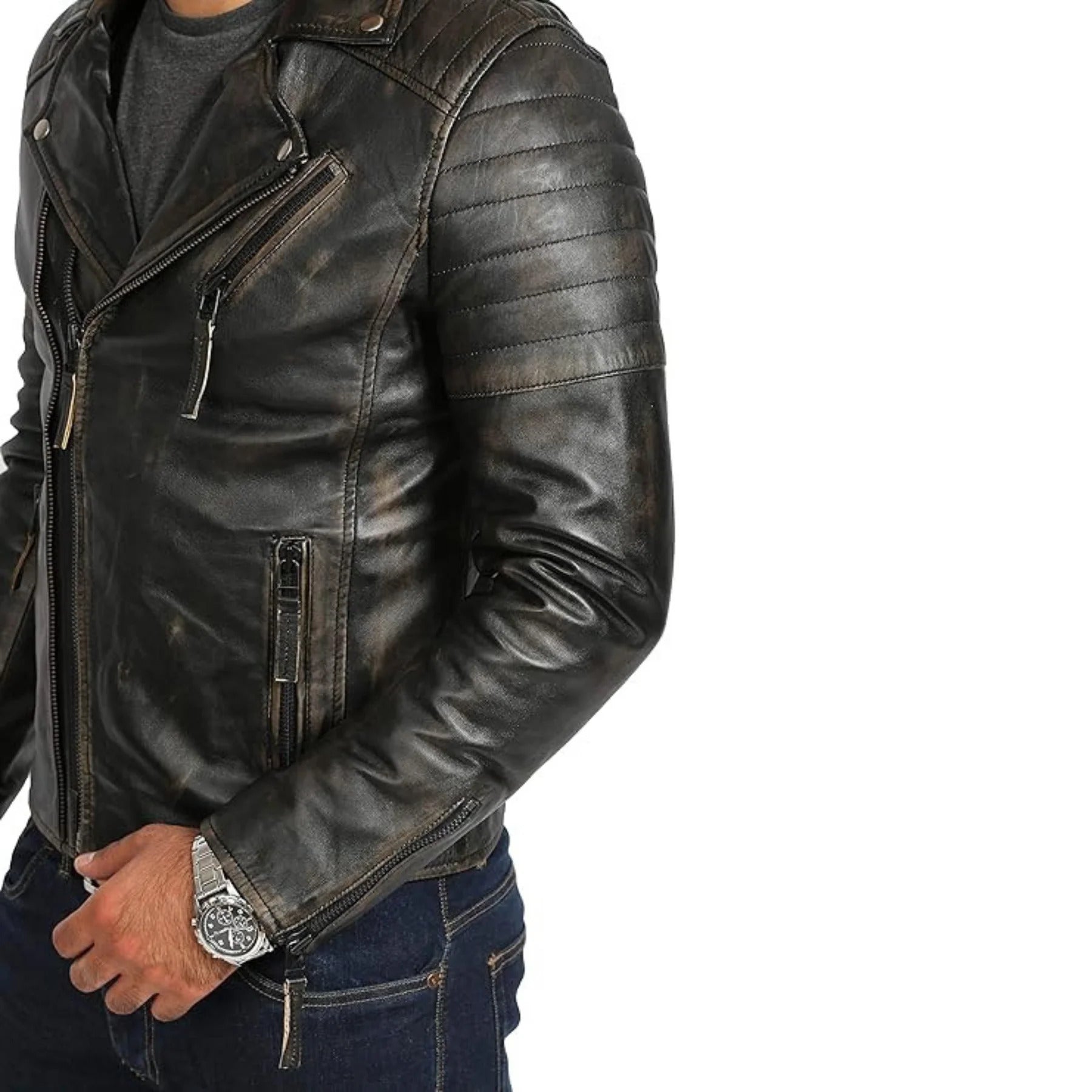 Mens Real Leather Biker Style Jacket